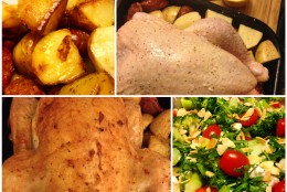 Roast Chicken with Chorizo and potatoes & Broccoli and feta salad with cherry tomatoes and toasted almonds
