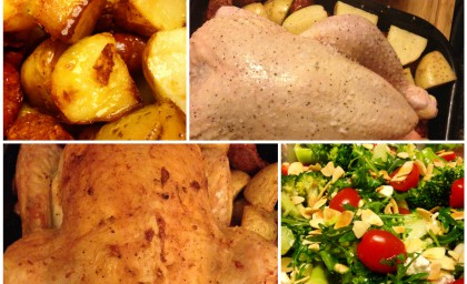 Roast Chicken with Chorizo and potatoes & Broccoli and feta salad with cherry tomatoes and toasted almonds