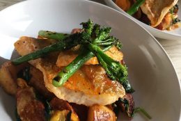 Whiting with Roast Potatoes, Chorizo, and Chargrilled Broccoli