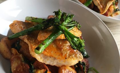 Whiting with Roast Potatoes, Chorizo, and Chargrilled Broccoli